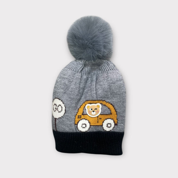 Baby/Toddler Winter Cap – Woolen Beanie Knit with Cute Car Design & Fur Pom-Pom
