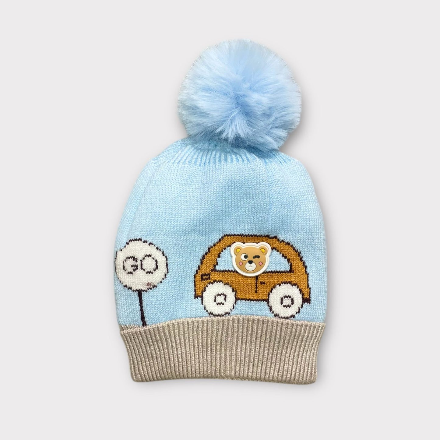 Baby/Toddler Winter Cap – Woolen Beanie Knit with Cute Car Design & Fur Pom-Pom