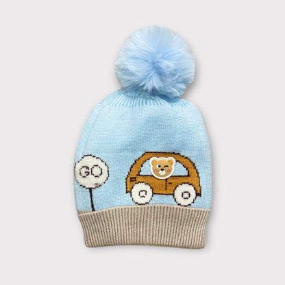 Baby/Toddler Winter Cap – Woolen Beanie Knit with Cute Car Design & Fur Pom-Pom