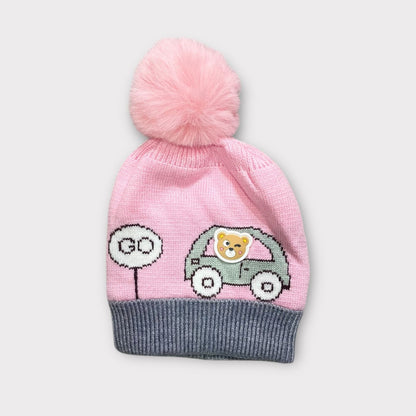 Baby/Toddler Winter Cap – Woolen Beanie Knit with Cute Car Design & Fur Pom-Pom