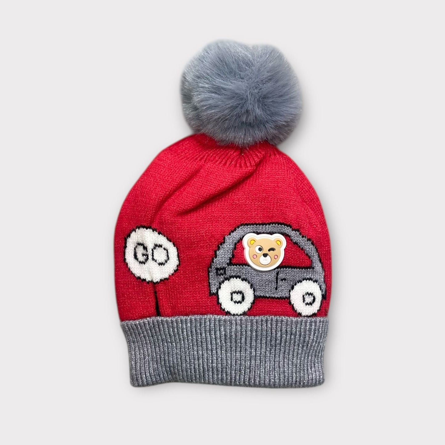 Baby/Toddler Winter Cap – Woolen Beanie Knit with Cute Car Design & Fur Pom-Pom