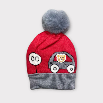 Baby/Toddler Winter Cap – Woolen Beanie Knit with Cute Car Design & Fur Pom-Pom
