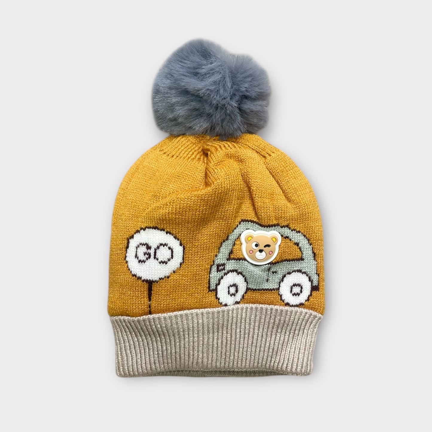 Baby/Toddler Winter Cap – Woolen Beanie Knit with Cute Car Design & Fur Pom-Pom