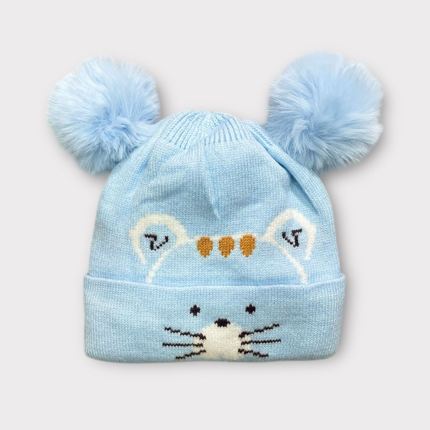 Baby/Toddler Winter Cap – Blue Knit Beanie with Bear-Ear Pom Poms