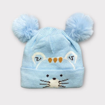 Baby/Toddler Winter Cap – Blue Knit Beanie with Bear-Ear Pom Poms
