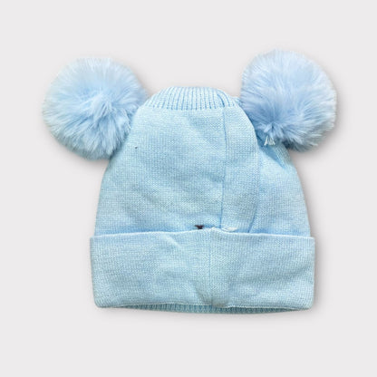 Baby/Toddler Winter Cap – Blue Knit Beanie with Bear-Ear Pom Poms