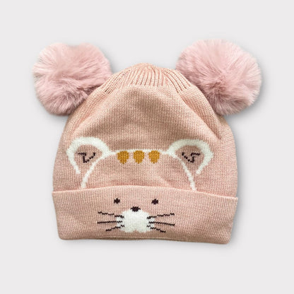 Baby/Toddler Winter Cap – Blue Knit Beanie with Bear-Ear Pom Poms