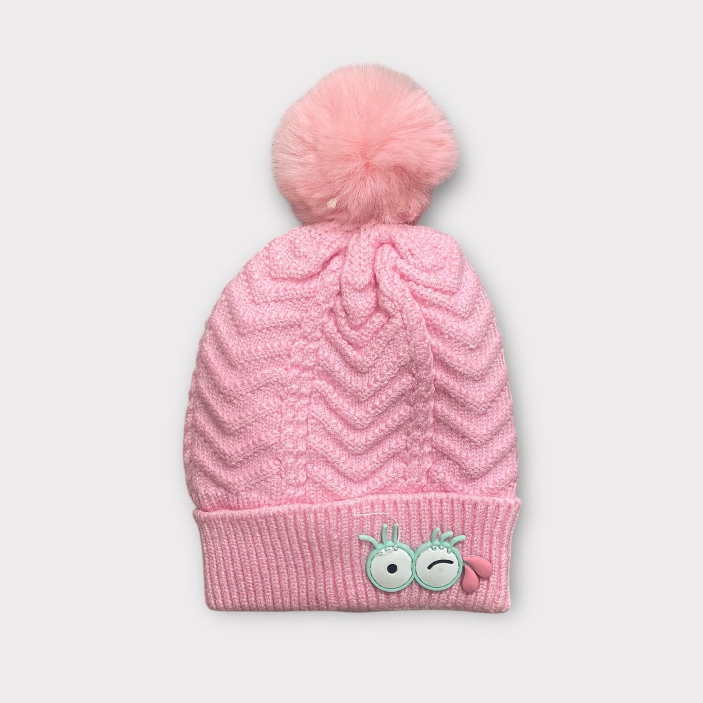 Cute Winter Knitted Beanie for Kids | Warm Woolen Cap with Pom Pom & Cartoon Patch | Soft Cozy Baby Girl Winter Hat