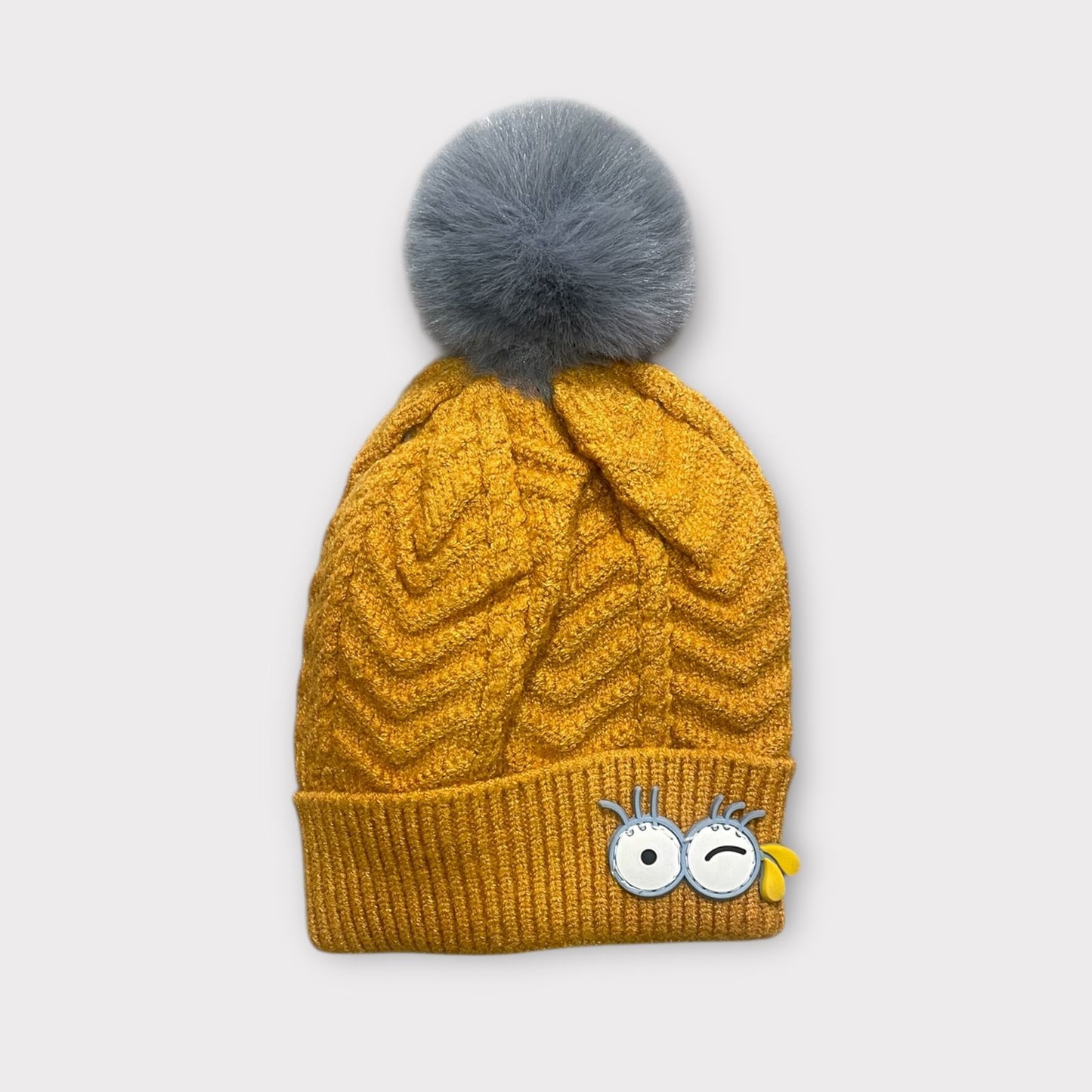 Cute Winter Knitted Beanie for Kids | Warm Woolen Cap with Pom Pom & Cartoon Patch | Soft Cozy Baby Girl Winter Hat