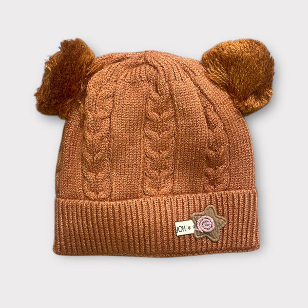 Knitted Winter Beanie for Kids | Cute Teddy Ear Woolen Cap for Baby Boys & Girls | Soft Warm Winter Hat with Flower Patch