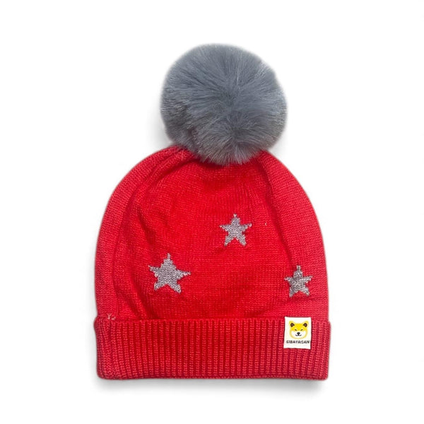 Red Knitted Kids Winter Cap with Grey Faux Fur Pom-Pom & Silver Stars