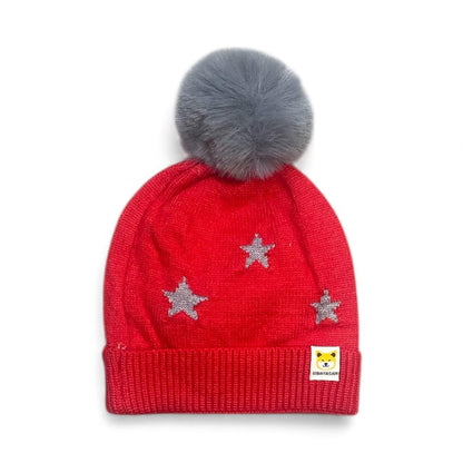 Red Knitted Kids Winter Cap with Grey Faux Fur Pom-Pom & Silver Stars