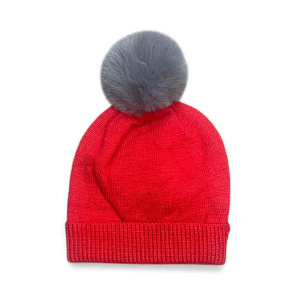 Red Knitted Kids Winter Cap with Grey Faux Fur Pom-Pom & Silver Stars