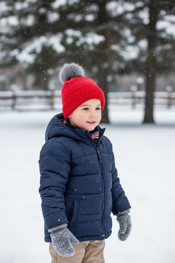 Red Knitted Kids Winter Cap with Grey Faux Fur Pom-Pom & Silver Stars