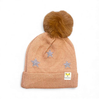 Red Knitted Kids Winter Cap with Grey Faux Fur Pom-Pom & Silver Stars
