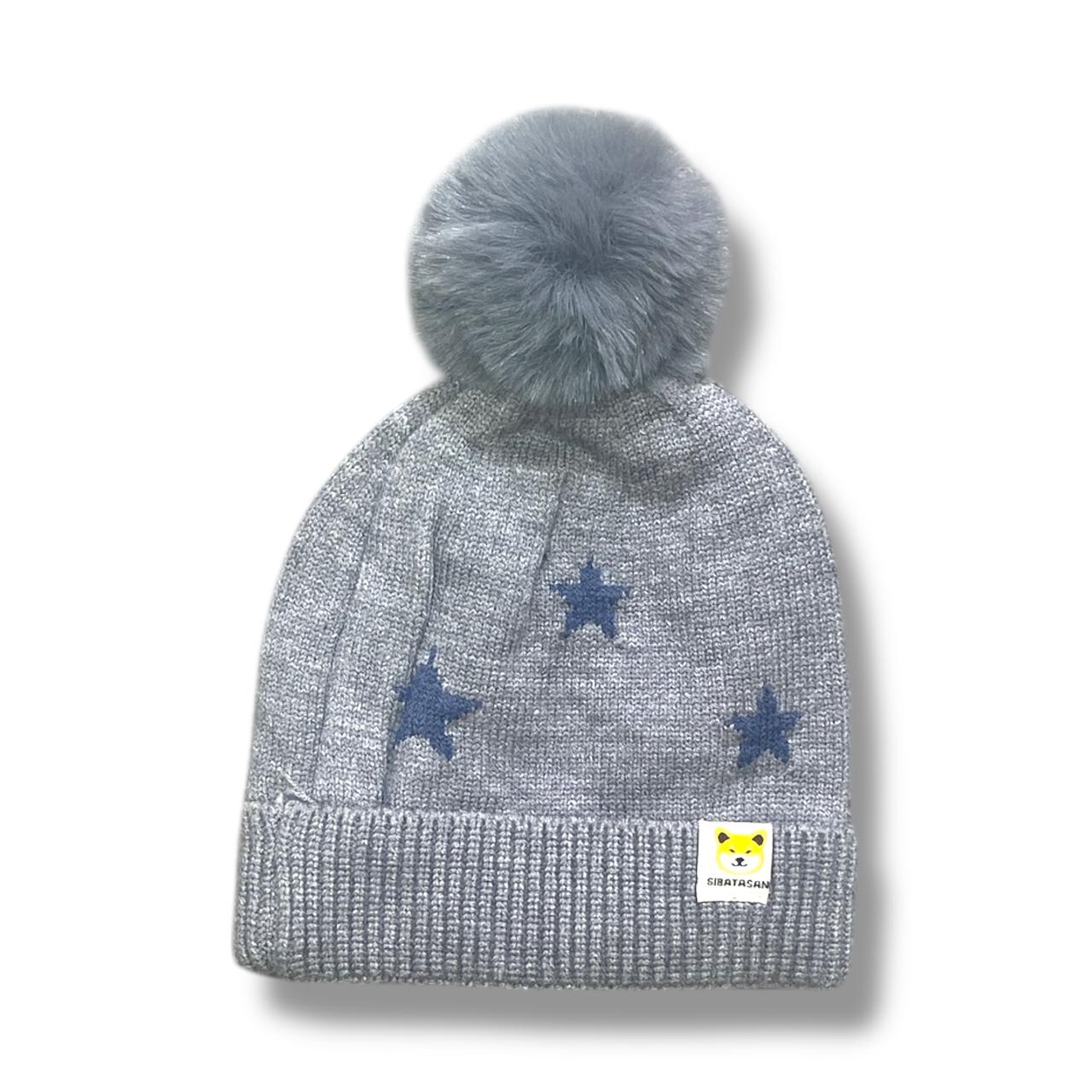 Red Knitted Kids Winter Cap with Grey Faux Fur Pom-Pom & Silver Stars