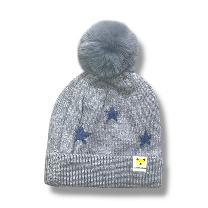 Red Knitted Kids Winter Cap with Grey Faux Fur Pom-Pom & Silver Stars