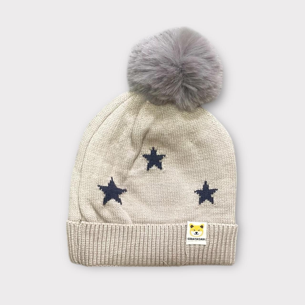 Red Knitted Kids Winter Cap with Grey Faux Fur Pom-Pom & Silver Stars