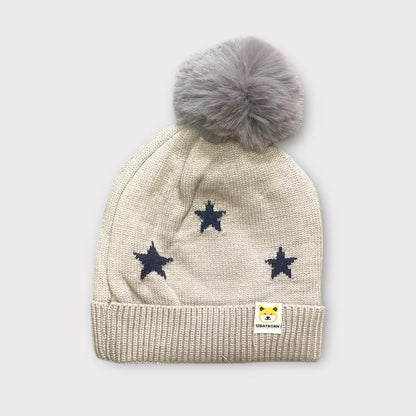 Red Knitted Kids Winter Cap with Grey Faux Fur Pom-Pom & Silver Stars