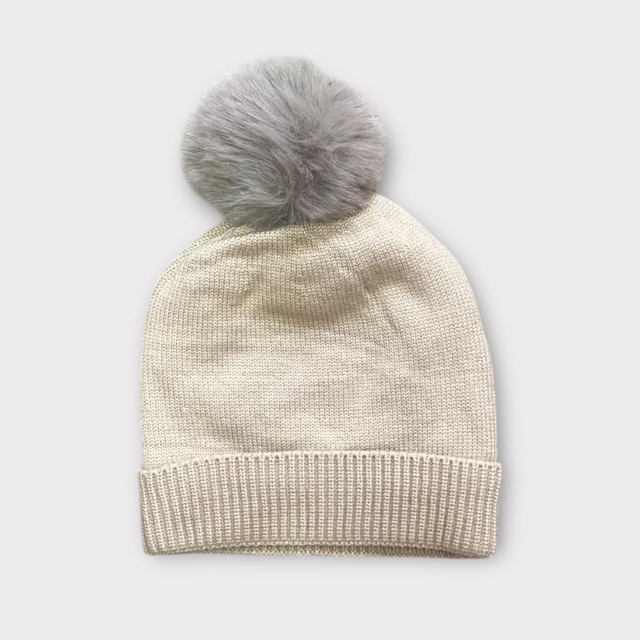 Red Knitted Kids Winter Cap with Grey Faux Fur Pom-Pom & Silver Stars