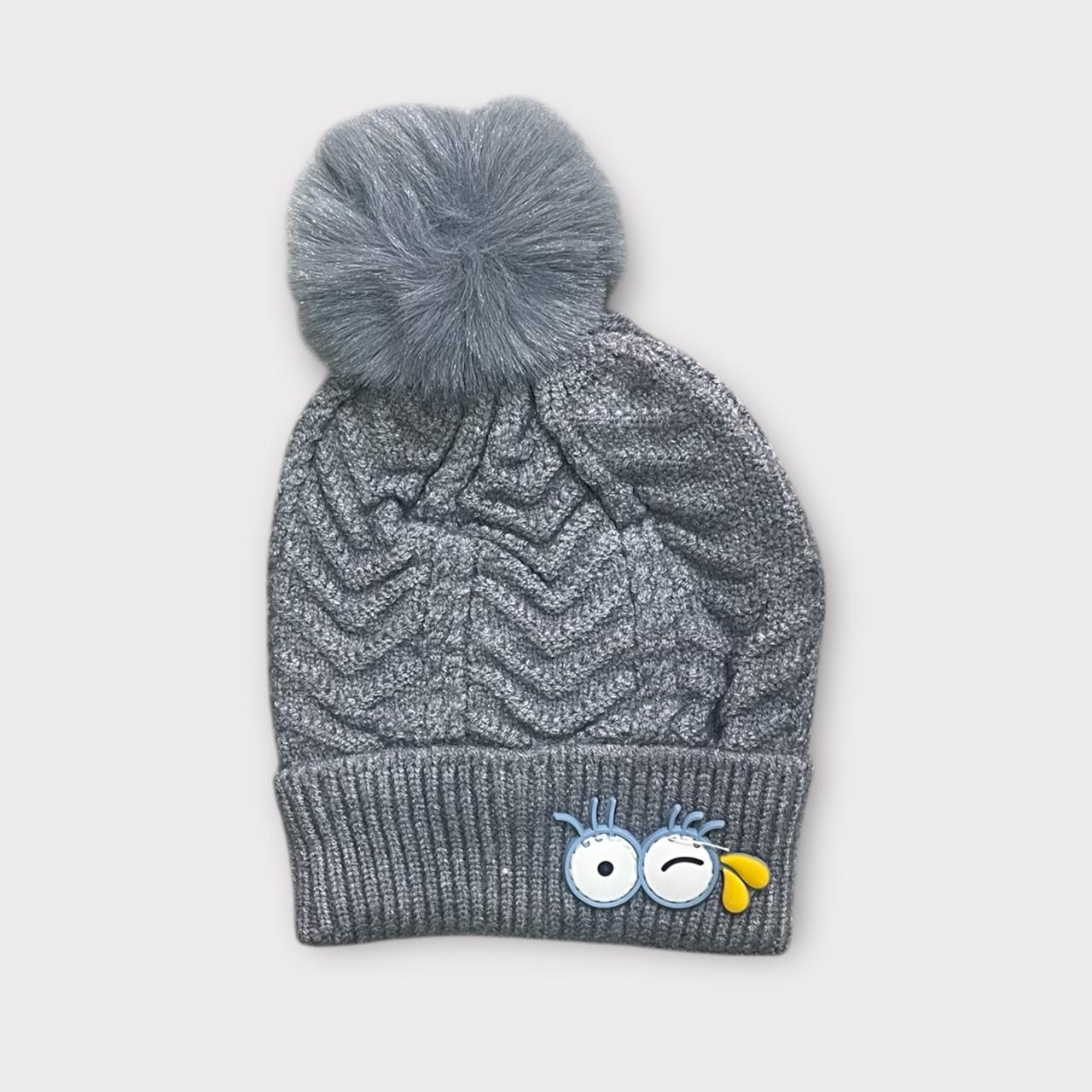 Cute Winter Knitted Beanie for Kids | Warm Woolen Cap with Pom Pom & Cartoon Patch | Soft Cozy Baby Girl Winter Hat