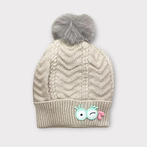 Cute Winter Knitted Beanie for Kids | Warm Woolen Cap with Pom Pom & Cartoon Patch | Soft Cozy Baby Girl Winter Hat