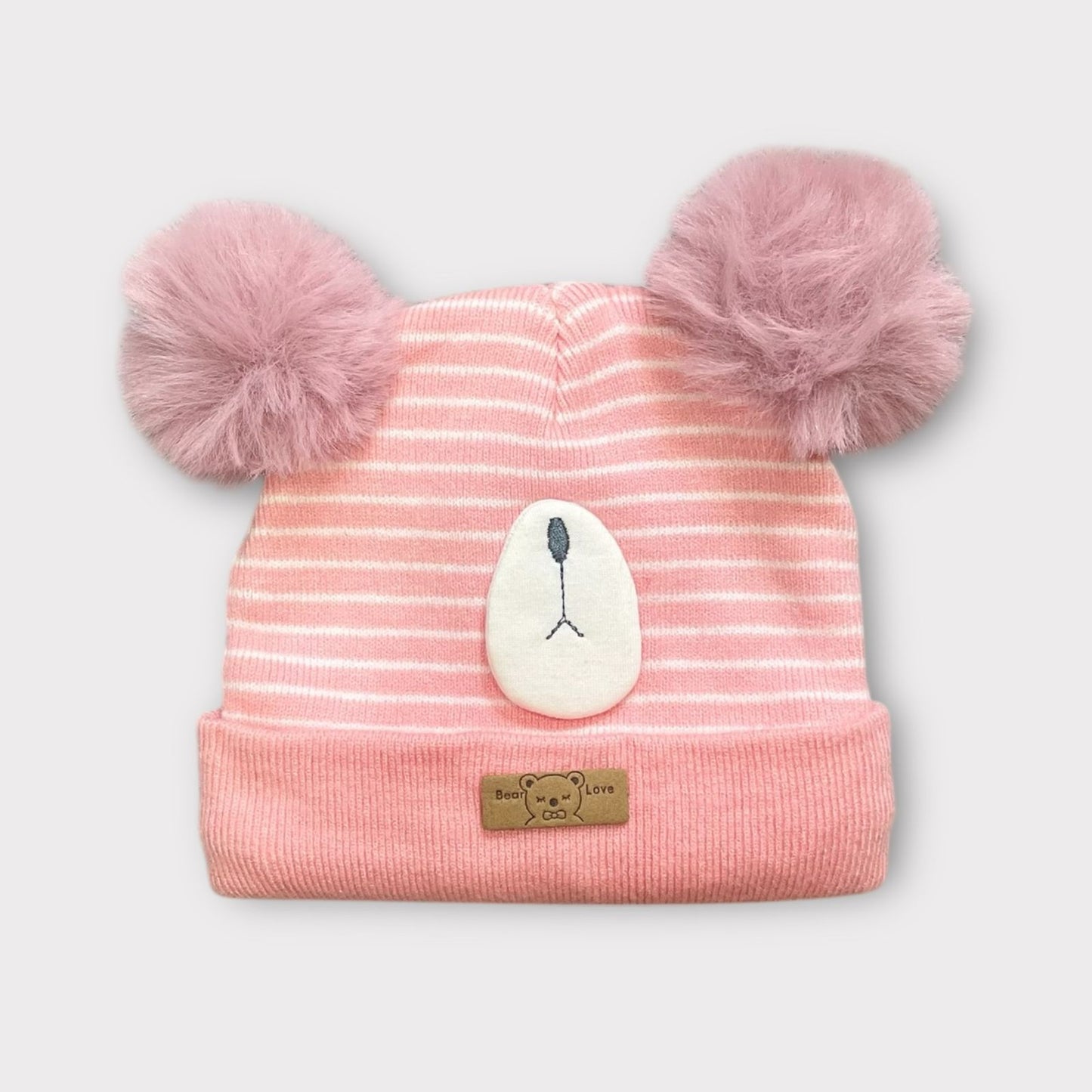 Baby/Toddler Winter Hat – Knitted Cap with Two Fur Poms & Bear Patch