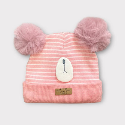 Baby/Toddler Winter Hat – Knitted Cap with Two Fur Poms & Bear Patch