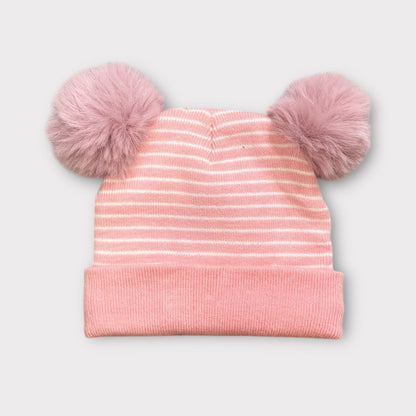 Baby/Toddler Winter Hat – Knitted Cap with Two Fur Poms & Bear Patch