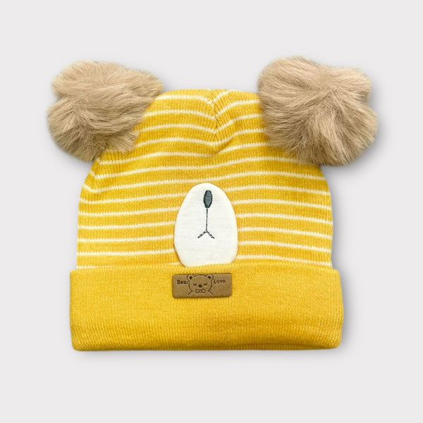 Baby/Toddler Winter Hat – Knitted Cap with Two Fur Poms & Bear Patch