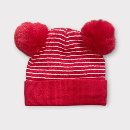 Baby/Toddler Winter Hat – Knitted Cap with Two Fur Poms & Bear Patch