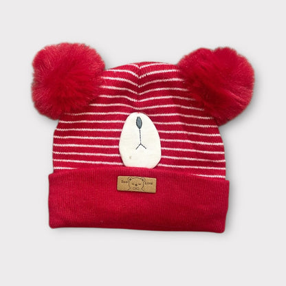 Baby/Toddler Winter Hat – Knitted Cap with Two Fur Poms & Bear Patch