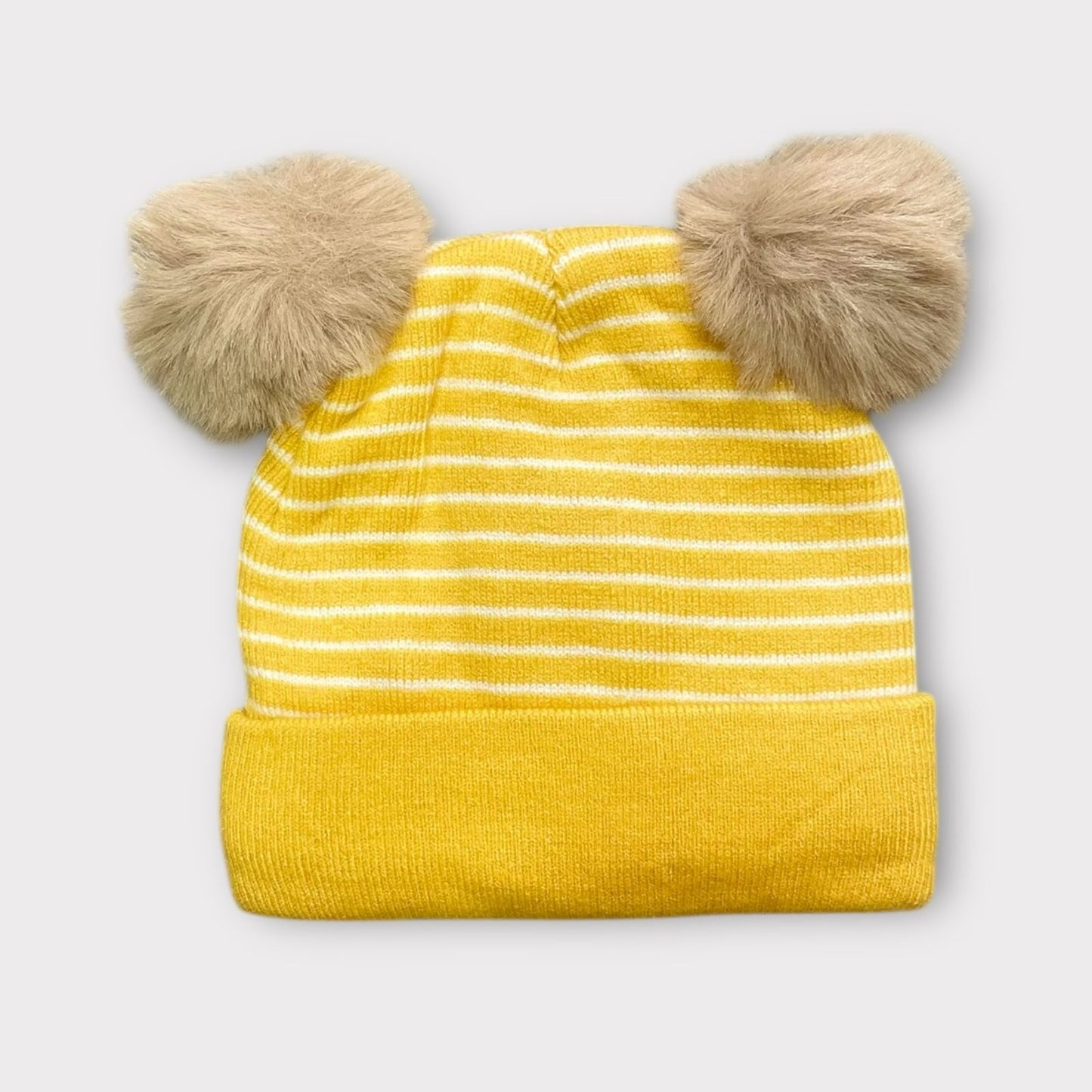 Baby/Toddler Winter Hat – Knitted Cap with Two Fur Poms & Bear Patch