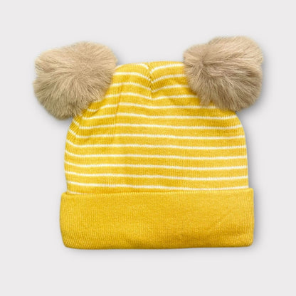 Baby/Toddler Winter Hat – Knitted Cap with Two Fur Poms & Bear Patch