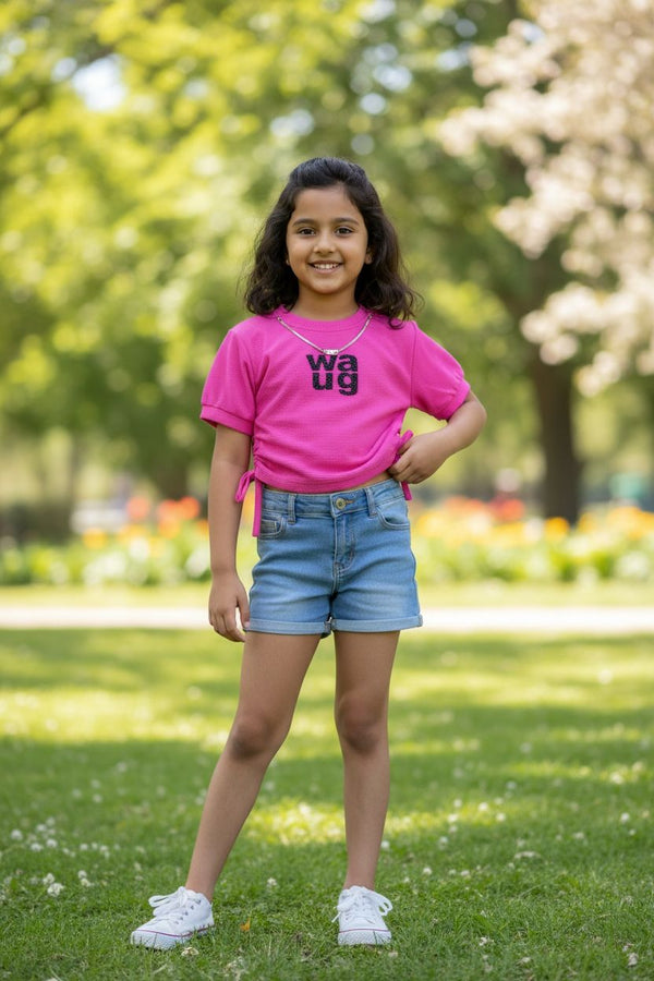 Girls Pink WAUG Embellished Top – Stylish Casual Wear