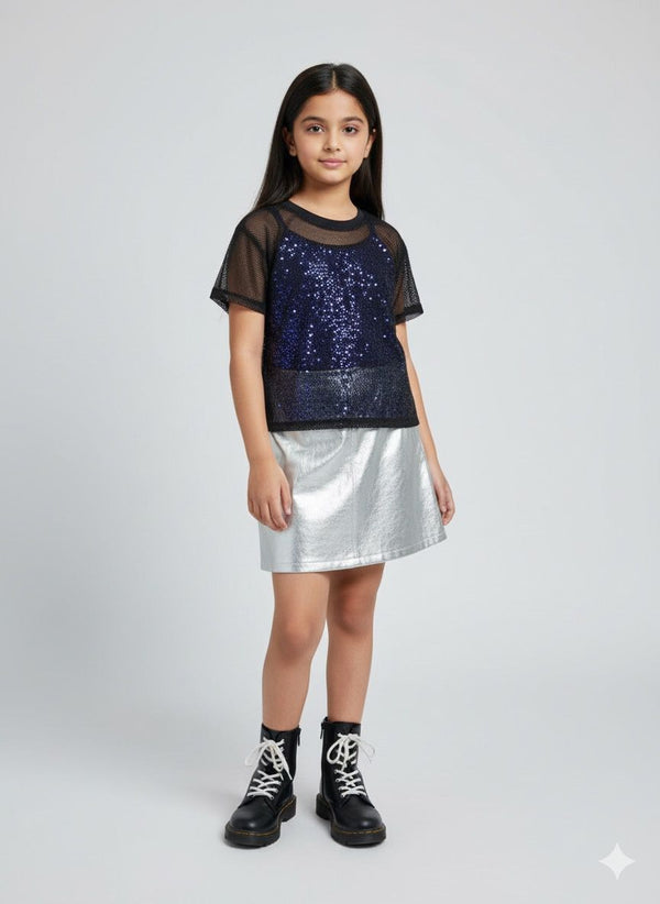 Girls Black Mesh Sequin Party Top – Trendy Western Partywear