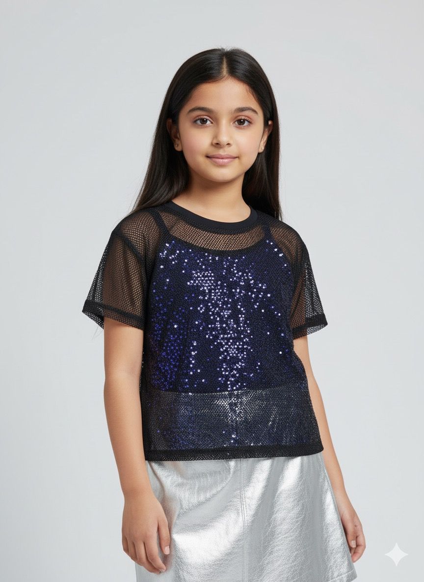 Girls Black Mesh Sequin Party Top – Trendy Western Partywear