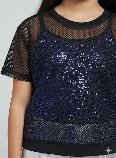 Girls Black Mesh Sequin Party Top – Trendy Western Partywear