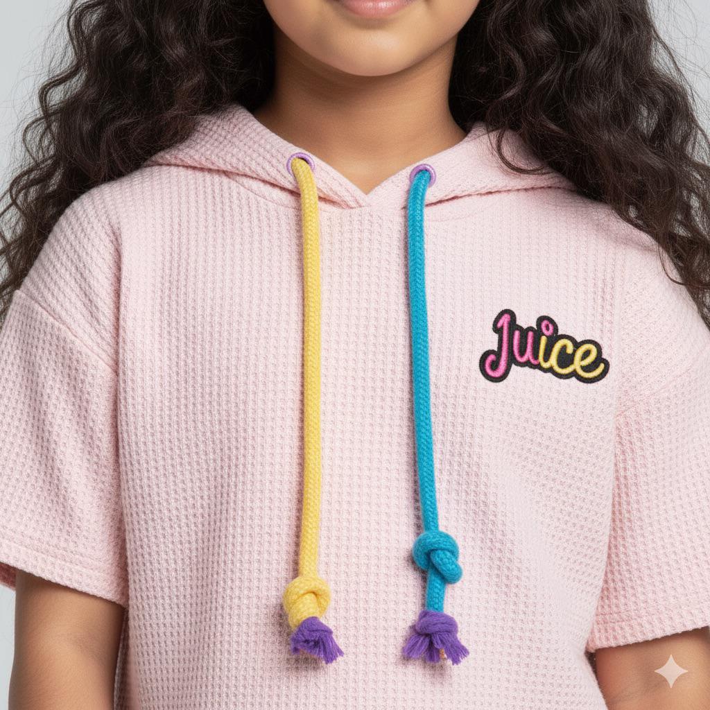 Girls Peach Short-Sleeve Hoodie with Multicolored Knotted Drawstrings