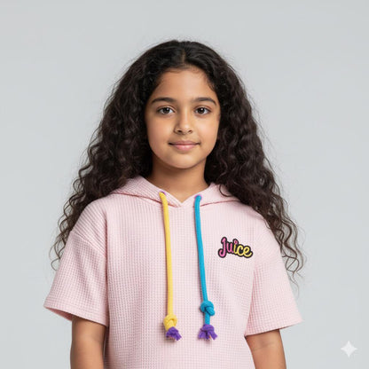 Girls Peach Short-Sleeve Hoodie with Multicolored Knotted Drawstrings