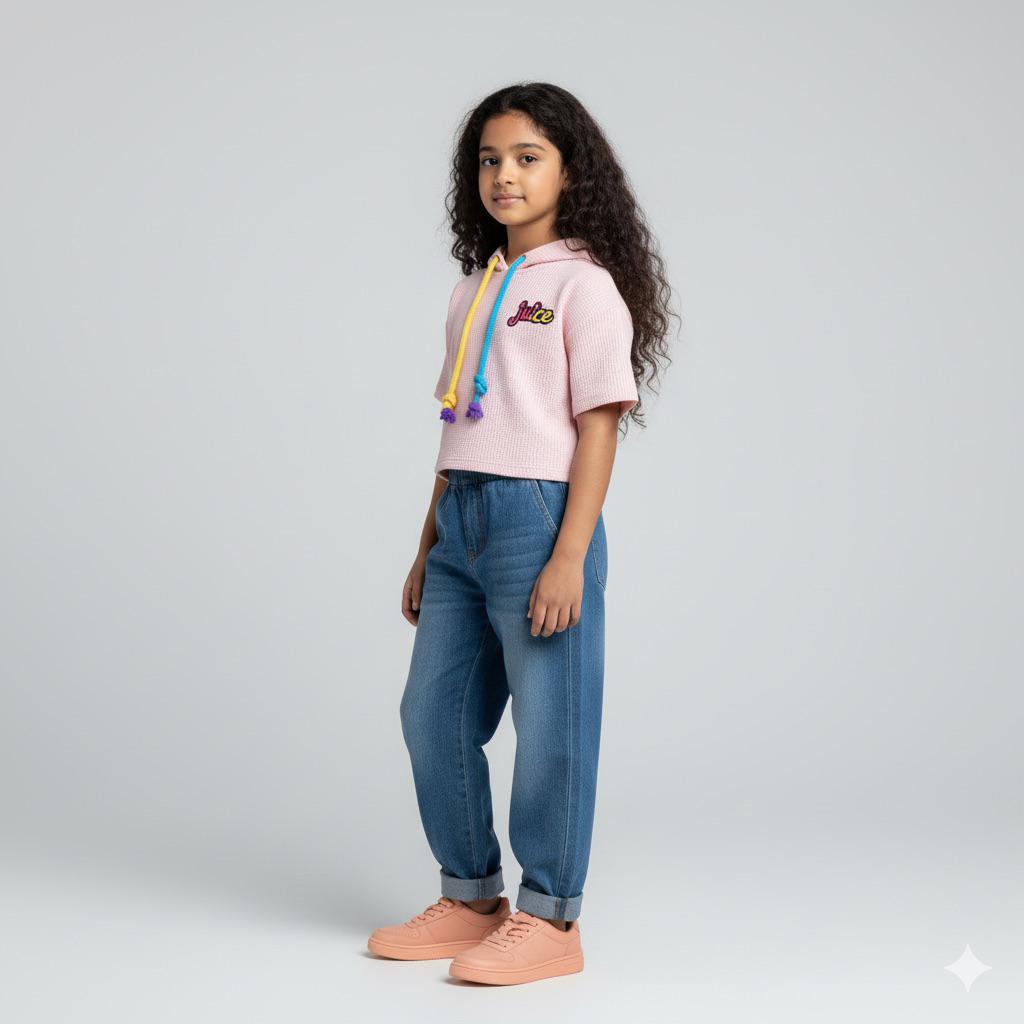 Girls Peach Short-Sleeve Hoodie with Multicolored Knotted Drawstrings