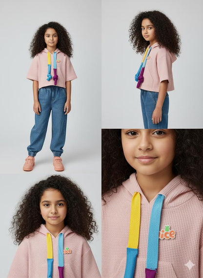 Girls Peach Short-Sleeve Hoodie with Multicolored Knotted Drawstrings