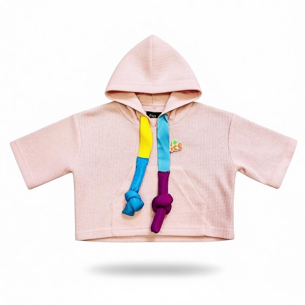 Girls Peach Short-Sleeve Hoodie with Multicolored Knotted Drawstrings