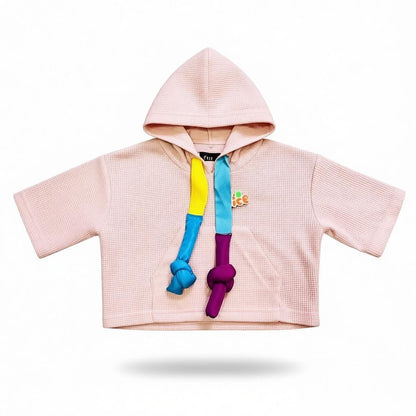 Girls Peach Short-Sleeve Hoodie with Multicolored Knotted Drawstrings