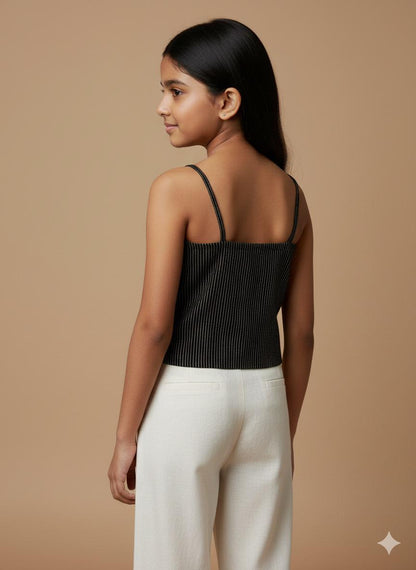 Girls Black Striped Spaghetti Top – Elegant & Comfy Casual Wear