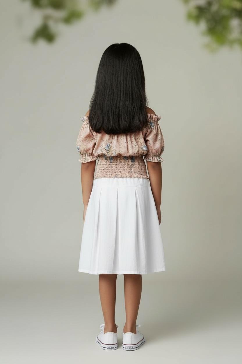 Girls Peach Floral Off-Shoulder Smocked Top – Cute & Trendy Summer Wear