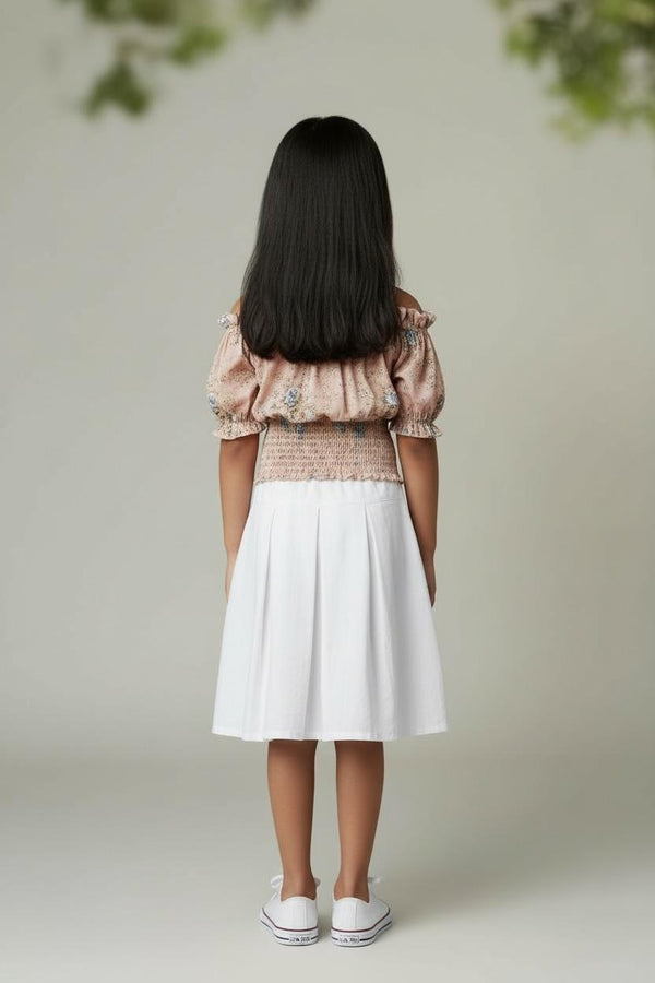 Girls Peach Floral Off-Shoulder Smocked Top – Cute & Trendy Summer Wear