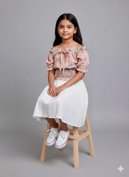 Girls Peach Floral Off-Shoulder Smocked Top – Cute & Trendy Summer Wear