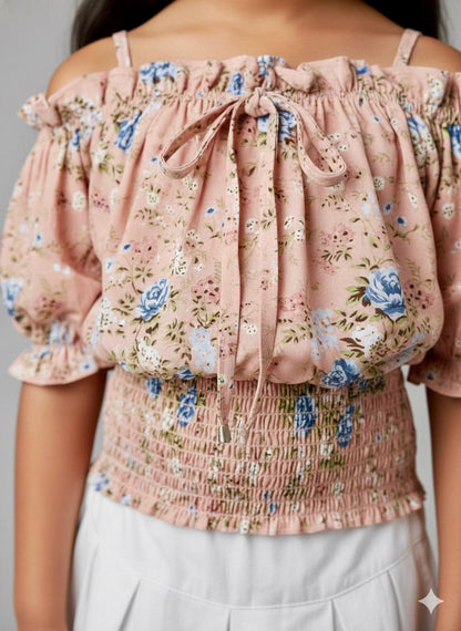 Girls Peach Floral Off-Shoulder Smocked Top – Cute & Trendy Summer Wear