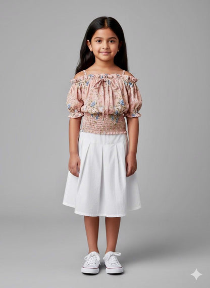 Girls Peach Floral Off-Shoulder Smocked Top – Cute & Trendy Summer Wear